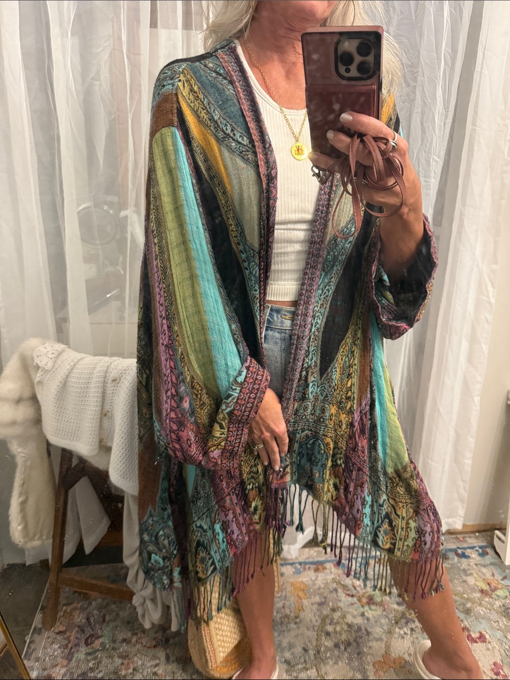 John Mark Boho Multicolor Fringe Kimono Jacket